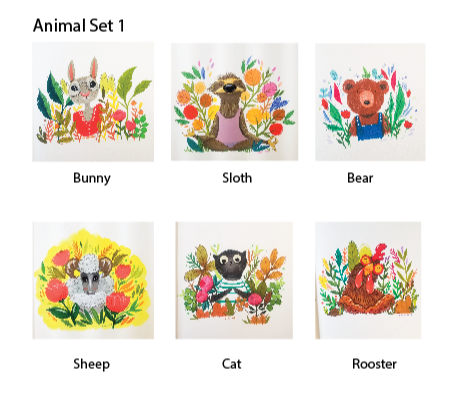 Spring Animal 1 art print- bear, black cat, bunny, rooster, sheep, sloth