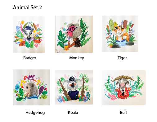 Spring animal 2 art print-badger, bull, hedgehog, koala, monkey, tiger