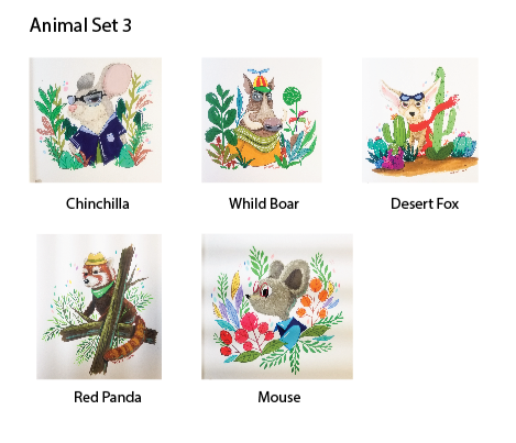 Spring animal set 3 art print- Chinchilla, dessert fox, lion, mouse, red panda, wildboar