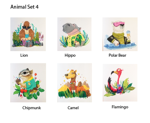 Spring animal set 4 art print-lion, camel, chipmunk, flamingo, hippo, polar bear