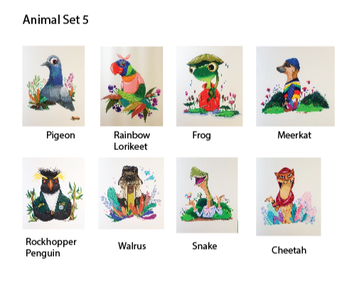 Spring animal set 5 art print- frog, meerkat, pigeon, rainbow lorikeet, southern penguin, walrus